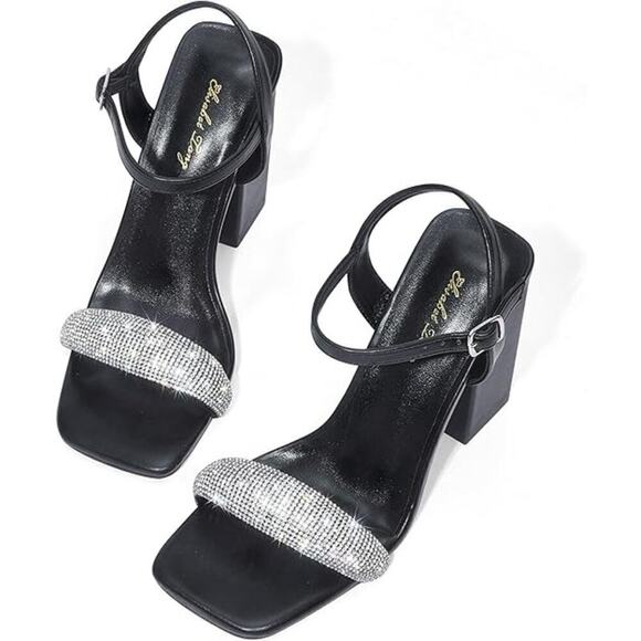 Elisabet Tang Rhinestone Ankle Strap Black Block Heels Square Sandal Shoe SZ 11 - Picture 3 of 6
